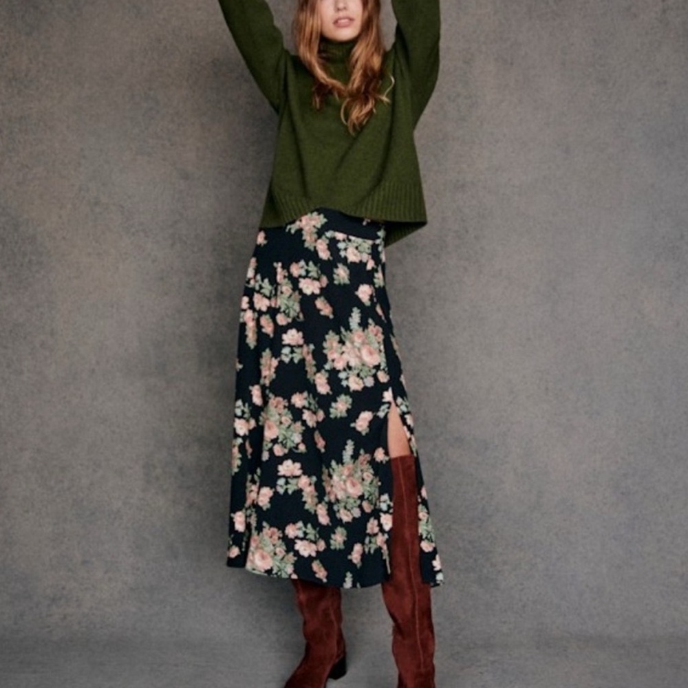 Floral Midi Skirt - Black and Pink
